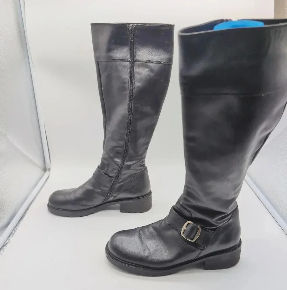 J. Crew Black Leather Knee Boots Riding with Buckle sz 8
